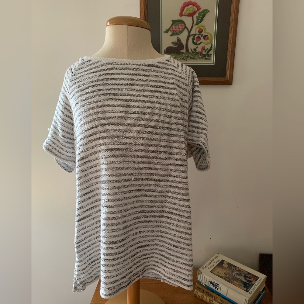 Liz Claiborne Weekend Gray/black Stripe Nautical Textured Shortsleeve Preppy Top